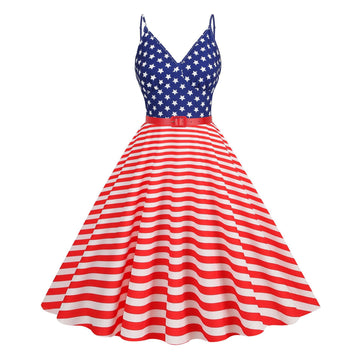 Women 1950S Cocktail Dress Spaghetti Straps American Flag Patriotic Dress Red