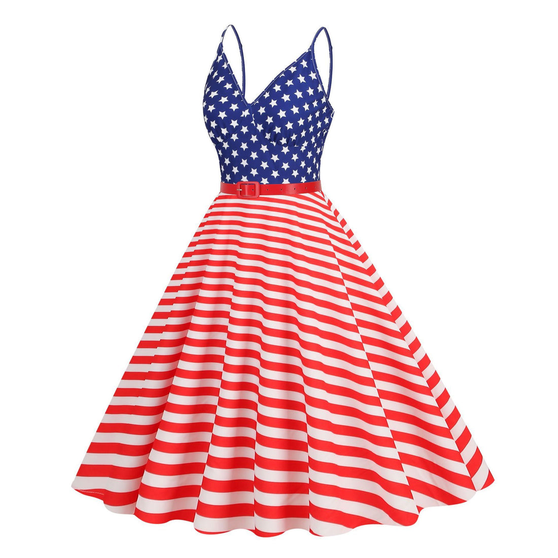 Women 1950S Cocktail Dress Spaghetti Straps American Flag Patriotic Dress Red