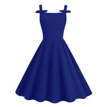 Women 1950S Retro Bow Strap Sleeveless Vintage A Line Swing Dress Blue