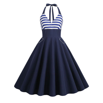 Women 1950S Vintage Dress Spaghetti Straps American Flag Patriotic Dress Blue
