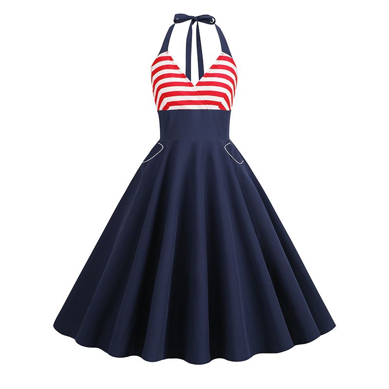 Women 1950S Vintage Dress Spaghetti Straps American Flag Patriotic Dress Red