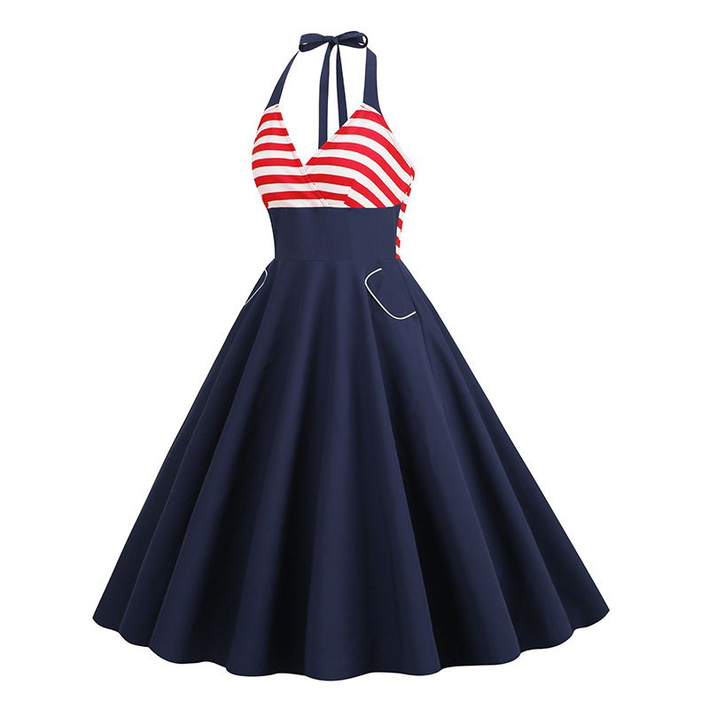 Women 1950S Vintage Dress Spaghetti Straps American Flag Patriotic Dress Red
