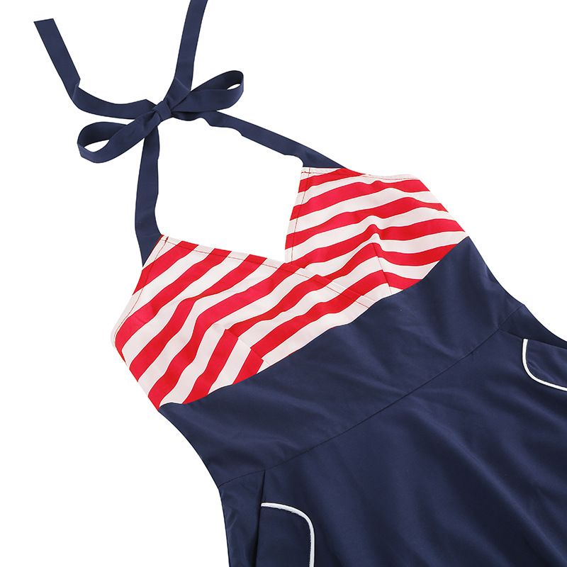 Women 1950S Vintage Dress Spaghetti Straps American Flag Patriotic Dress Red
