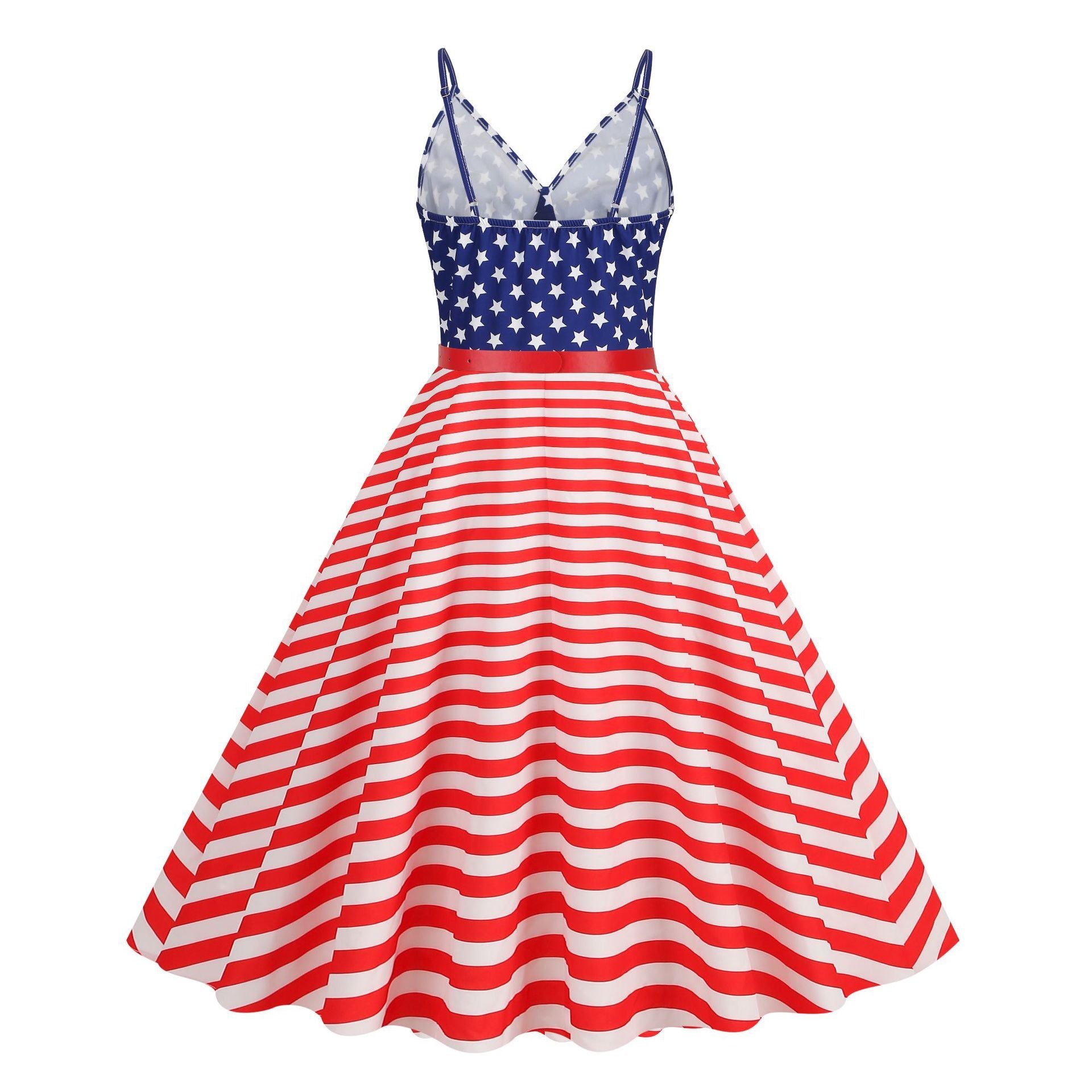Women 1950S Cocktail Dress Spaghetti Straps American Flag Patriotic Dress Red