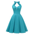 Women 1950s Audrey Hepburn Halter Vintage Retro Pin-up Rockabilly Dress Blue
