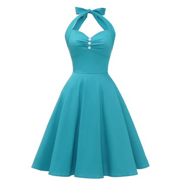 Women 1950s Audrey Hepburn Halter Vintage Retro Pin-up Rockabilly Dress Blue