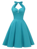 Women 1950s Audrey Hepburn Halter Vintage Retro Pin-up Rockabilly Dress Blue