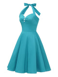 Women 1950s Audrey Hepburn Halter Vintage Retro Pin-up Rockabilly Dress Blue