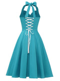 Women 1950s Audrey Hepburn Halter Vintage Retro Pin-up Rockabilly Dress Blue