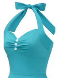 Women 1950s Audrey Hepburn Halter Vintage Retro Pin-up Rockabilly Dress Blue