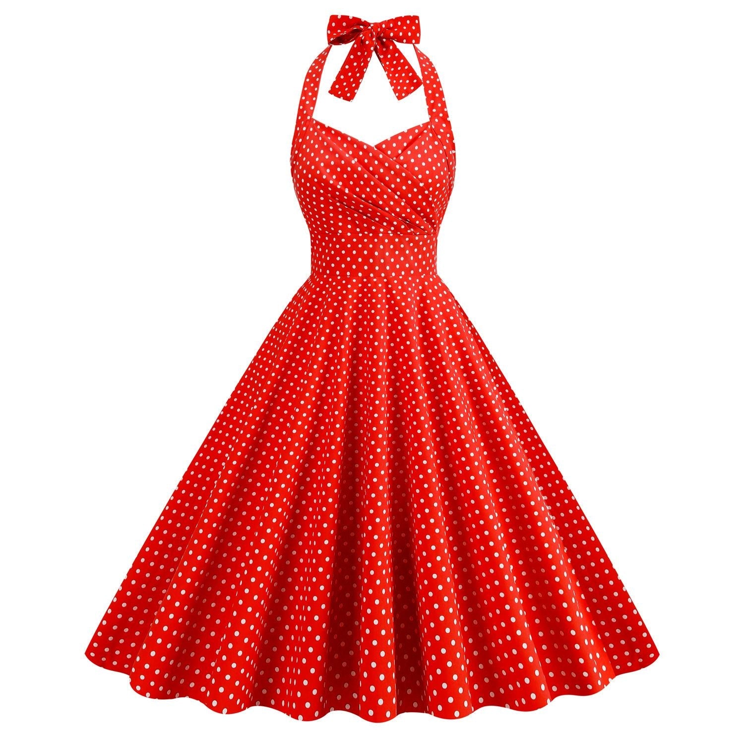 Women 1950s Halter Polka Dot Halter Cocktail Swing Pinup Dresses Red
