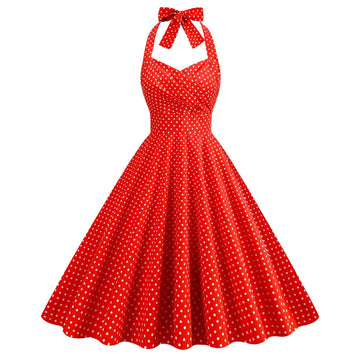 Women 1950s Halter Polka Dot Halter Cocktail Swing Pinup Dresses Red