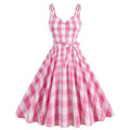 Women 1950s Plaid Halter Vintage Pink Rockabilly Pin Up Dress