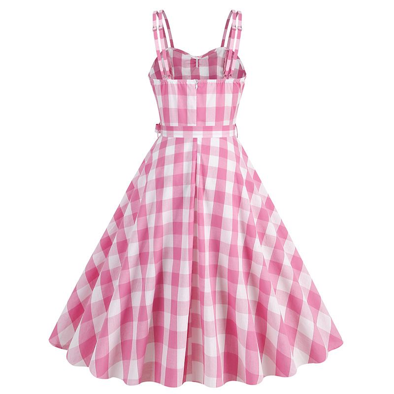 Women 1950s Plaid Halter Vintage Pink Rockabilly Pin Up Dress
