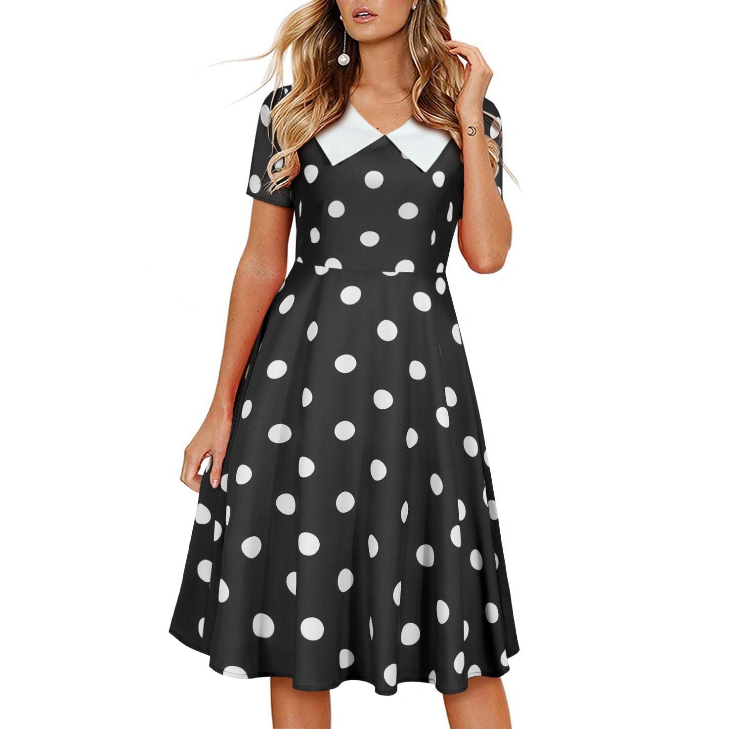 Women 1950s Polka Dot Cocktail Swing Dress Audrey Hepburn Rockabilly Dress Black
