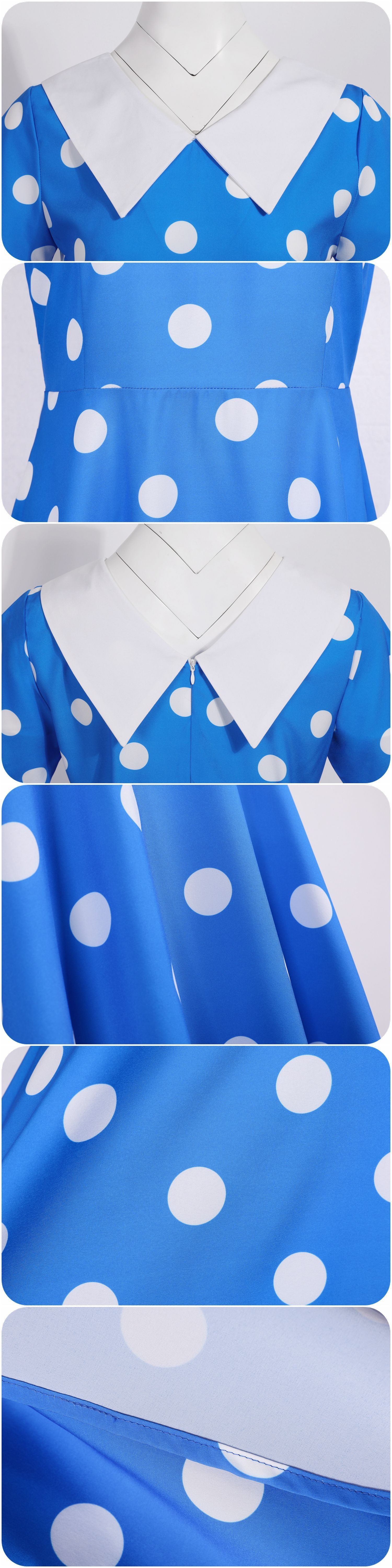 Women 1950s Polka Dot Cocktail Swing Dress Audrey Hepburn Rockabilly Dress Blue