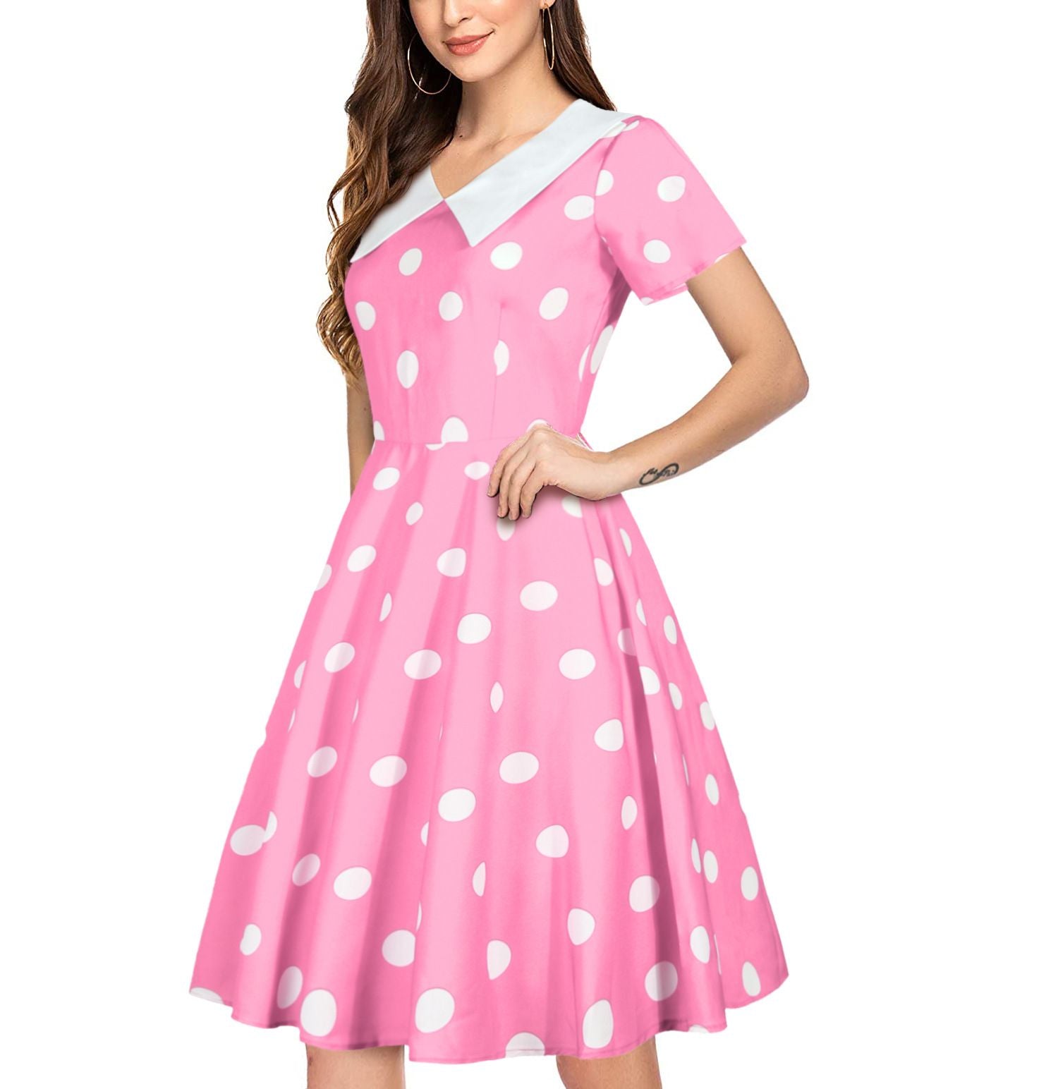 Women 1950s Polka Dot Cocktail Swing Dress Audrey Hepburn Rockabilly Dress Pink