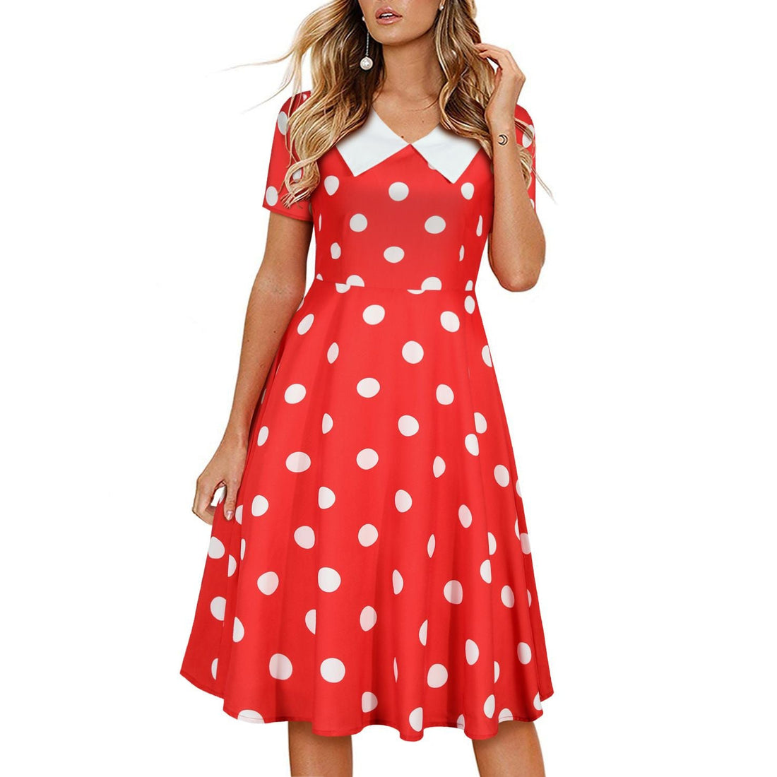 Women 1950s Polka Dot Cocktail Swing Dress Audrey Hepburn Rockabilly Dress Red