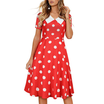 Women 1950s Polka Dot Cocktail Swing Dress Audrey Hepburn Rockabilly Dress Red