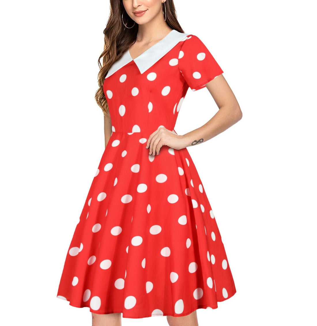 Women 1950s Polka Dot Cocktail Swing Dress Audrey Hepburn Rockabilly Dress Red