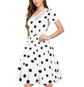 Women 1950s Polka Dot Cocktail Swing Dress Audrey Hepburn Rockabilly Dress White