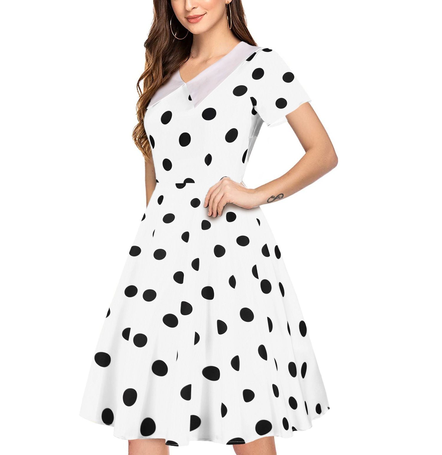 Women 1950s Polka Dot Cocktail Swing Dress Audrey Hepburn Rockabilly Dress White