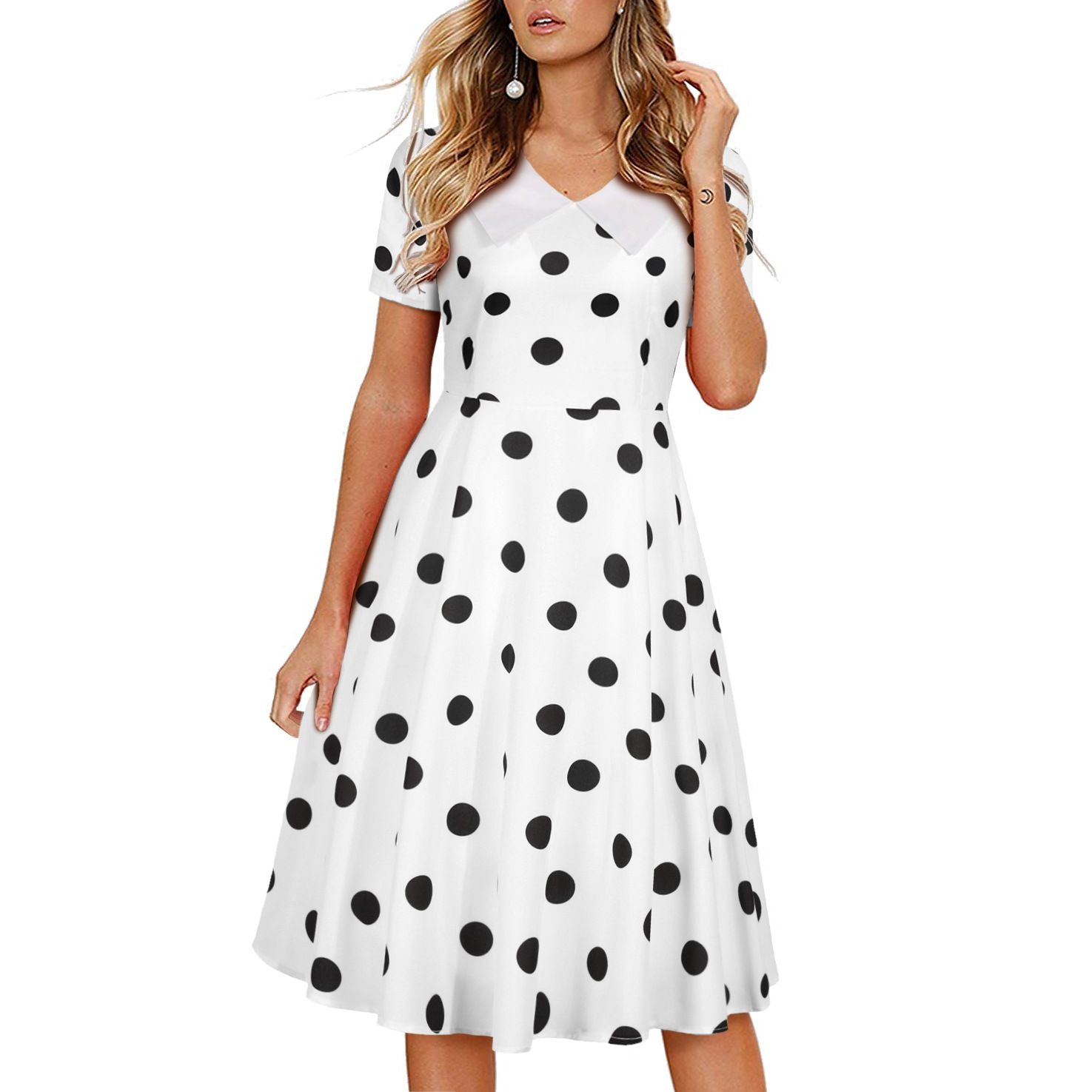 Women 1950s Polka Dot Cocktail Swing Dress Audrey Hepburn Rockabilly Dress White