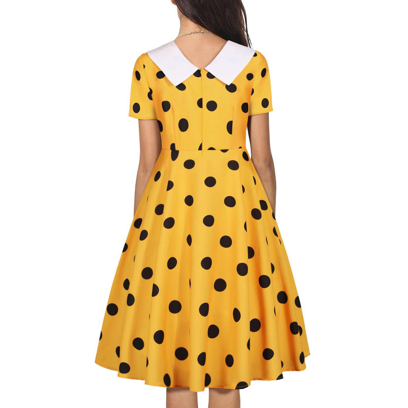 Women 1950s Polka Dot Cocktail Swing Dress Audrey Hepburn Rockabilly Dress Yellow