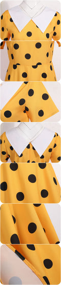 Women 1950s Polka Dot Cocktail Swing Dress Audrey Hepburn Rockabilly Dress Yellow