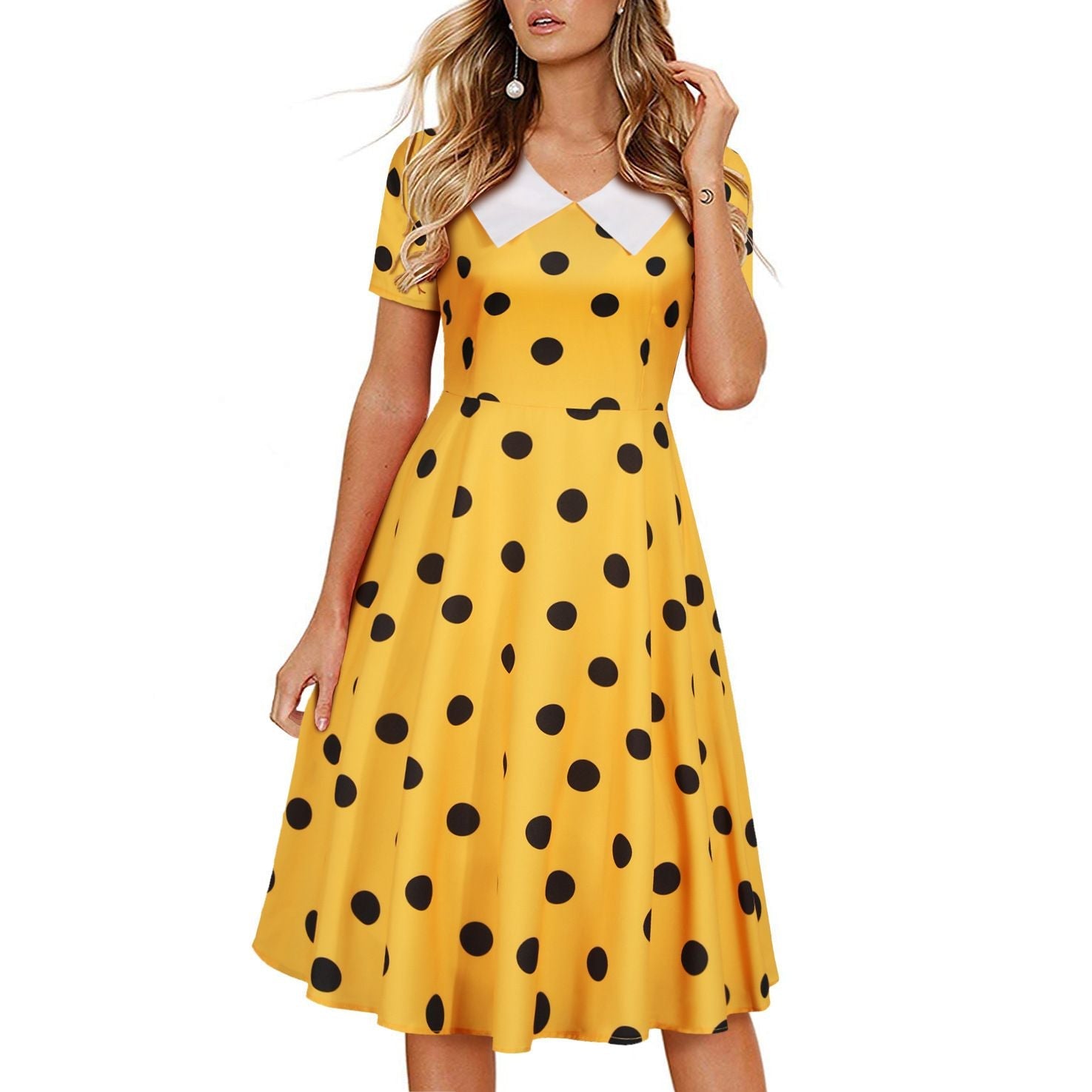 Women 1950s Polka Dot Cocktail Swing Dress Audrey Hepburn Rockabilly Dress Yellow