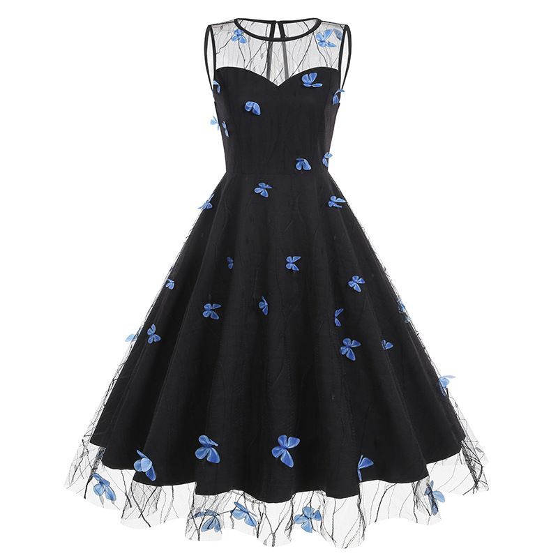 Women 1950s Vintage Dress Butterfly Retro Prom Swing A Line Dress Black