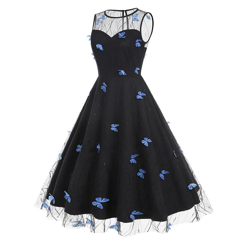 Women 1950s Vintage Dress Butterfly Retro Prom Swing A Line Dress Black