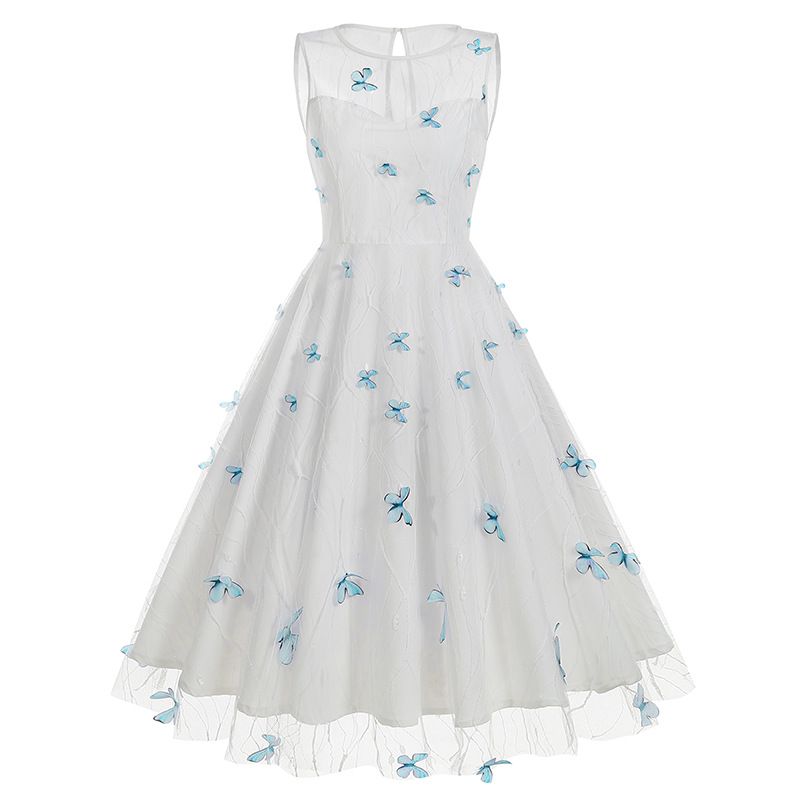Women 1950s Vintage Dress Butterfly Retro Prom Swing A Line Dress Blue