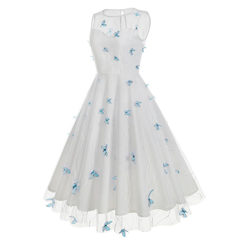 Women 1950s Vintage Dress Butterfly Retro Prom Swing A Line Dress Blue