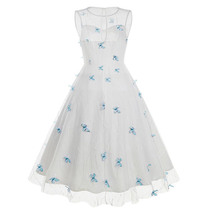Women 1950s Vintage Dress Butterfly Retro Prom Swing A Line Dress Blue