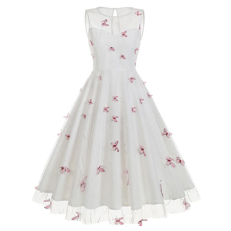 Women 1950s Vintage Dress Butterfly Retro Prom Swing A Line Dress Pink