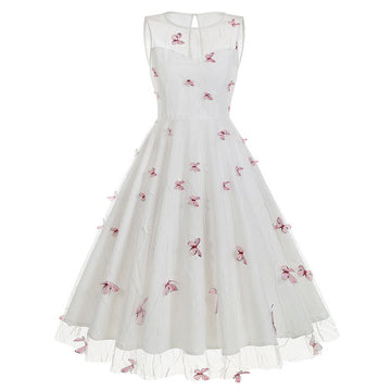 Women 1950s Vintage Dress Butterfly Retro Prom Swing A Line Dress Pink