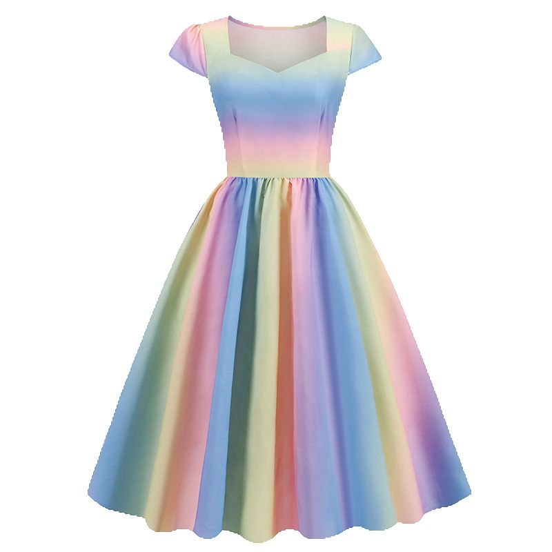 Women 1950s Vintage Rainbow Cap Sleeve Sweetheart Neck Cocktail Party Swing Dress