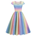 Women 1950s Vintage Rainbow Cap Sleeve Sweetheart Neck Cocktail Party Swing Dress