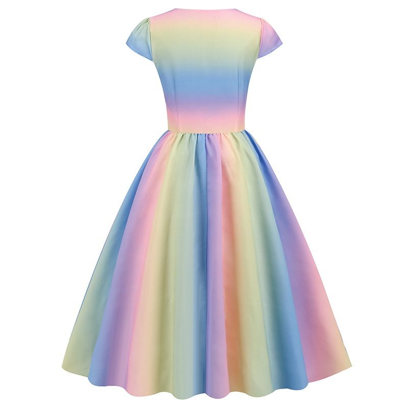 Women 1950s Vintage Rainbow Cap Sleeve Sweetheart Neck Cocktail Party Swing Dress