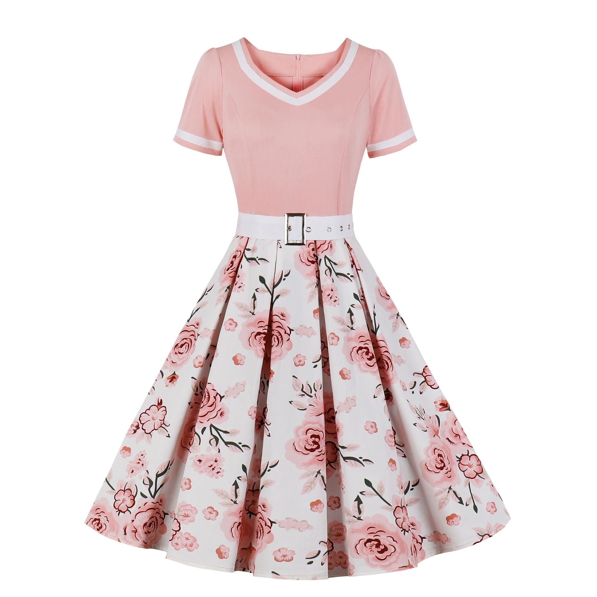 Women 1950s Vintage Retro Swing A Line Midi Summer Dress Cocktail Party Evening Prom Gown Pink