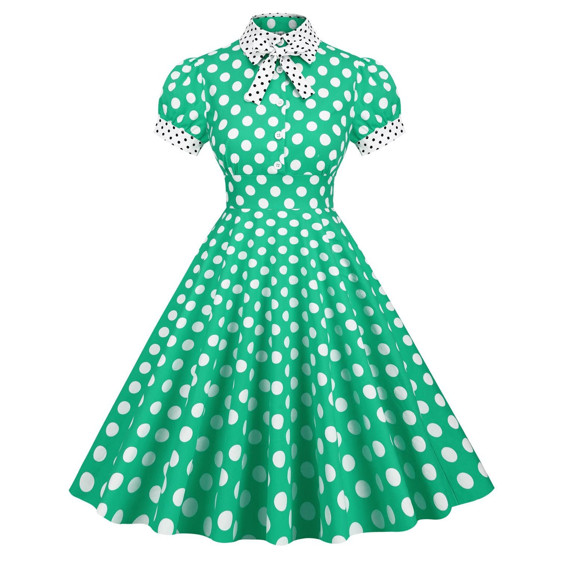 Women 1950s Vintage Short Sleeve Green Polka Dot Dress Evening Prom Gown