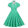 Women 1950s Vintage Short Sleeve Green Polka Dot Dress Evening Prom Gown