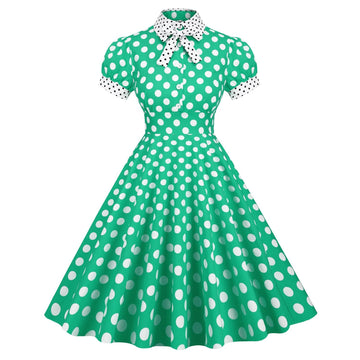 Women 1950s Vintage Short Sleeve Green Polka Dot Dress Evening Prom Gown