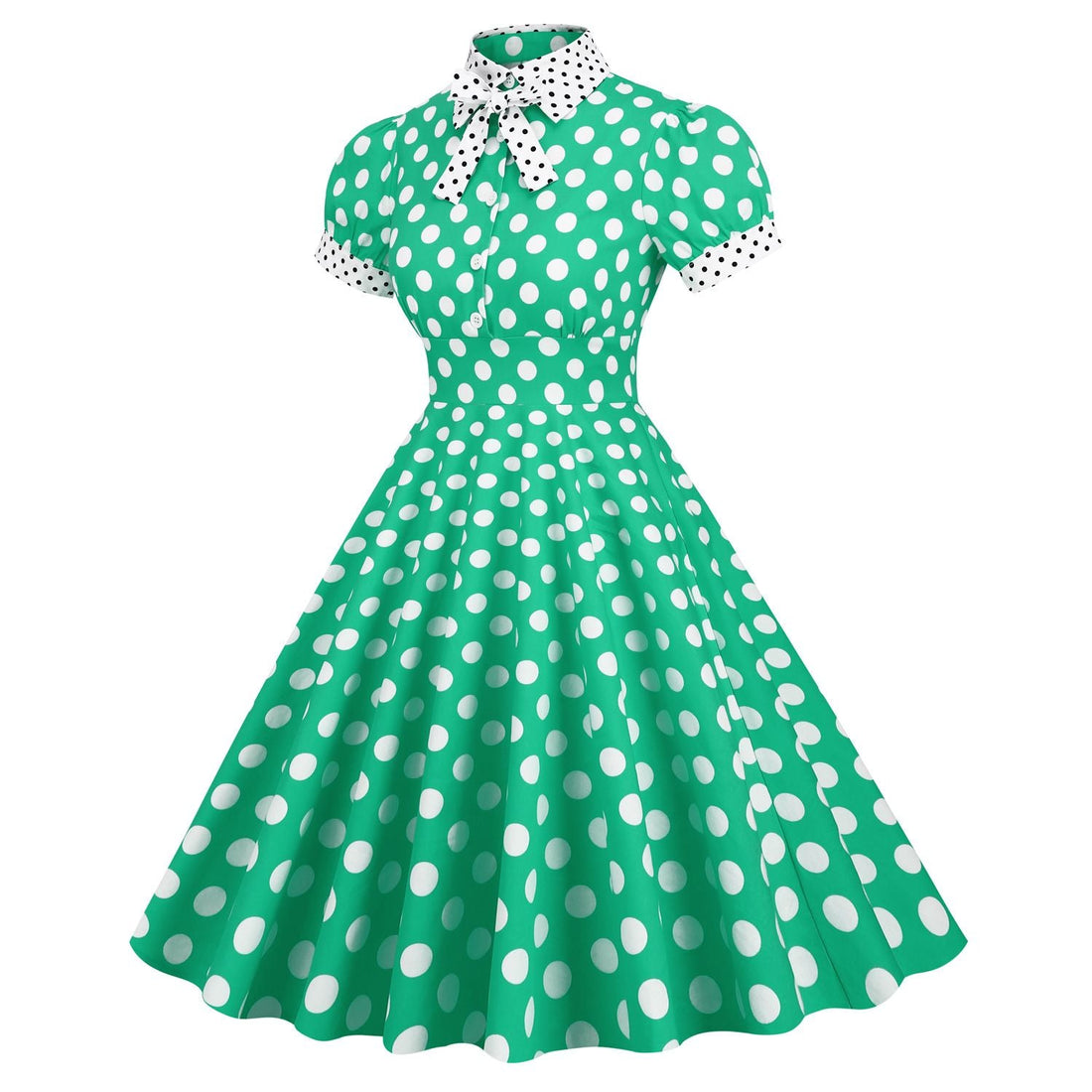 Women 1950s Vintage Short Sleeve Green Polka Dot Dress Evening Prom Gown