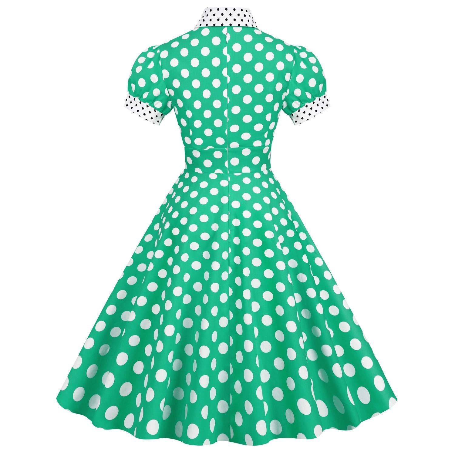 Women 1950s Vintage Short Sleeve Green Polka Dot Dress Evening Prom Gown