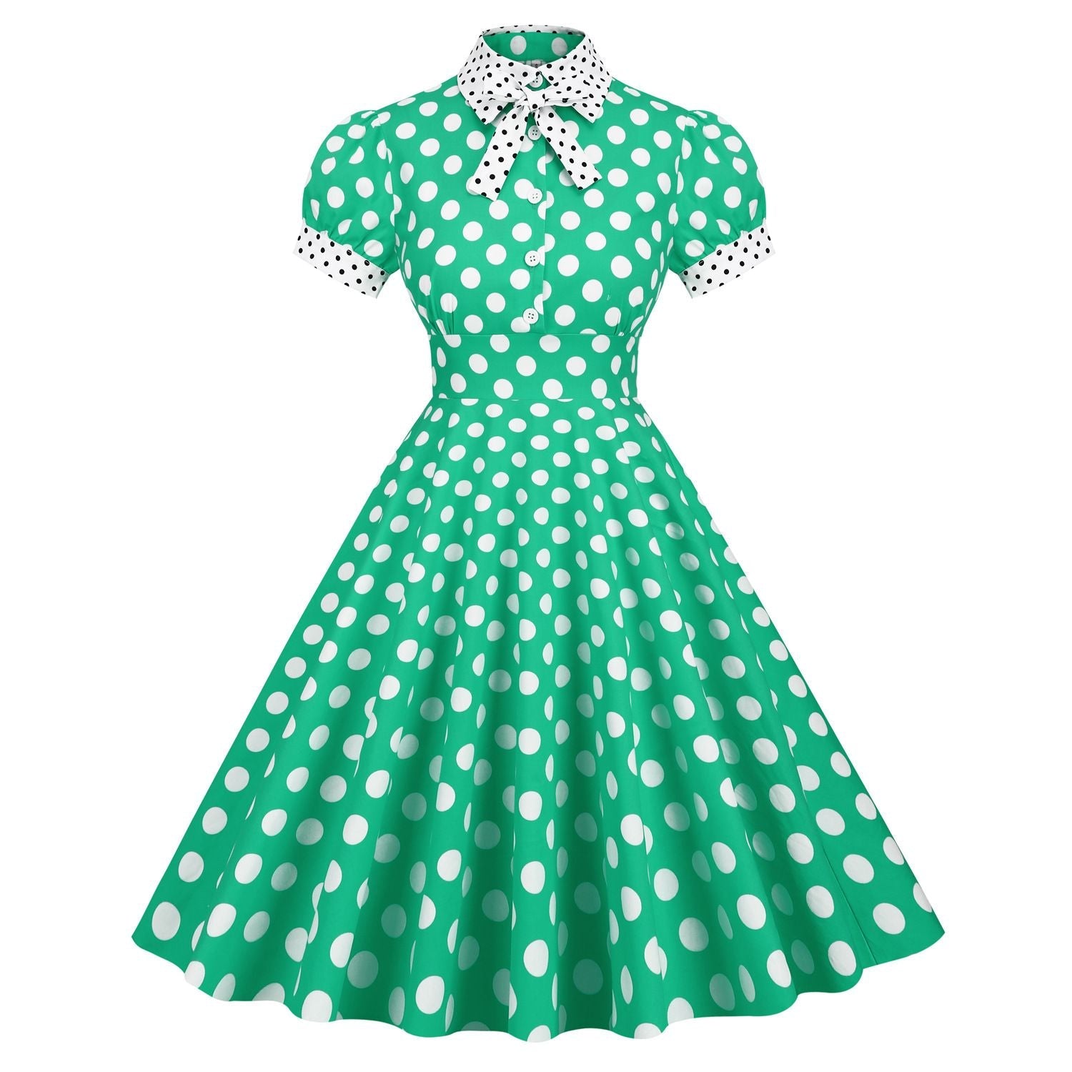 Women 1950s Vintage Short Sleeve Green Polka Dot Dress Evening Prom Gown