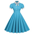 Women 1950s Vintage Short Sleeve Green Polka Dot Dress Evening Prom Gown Blue