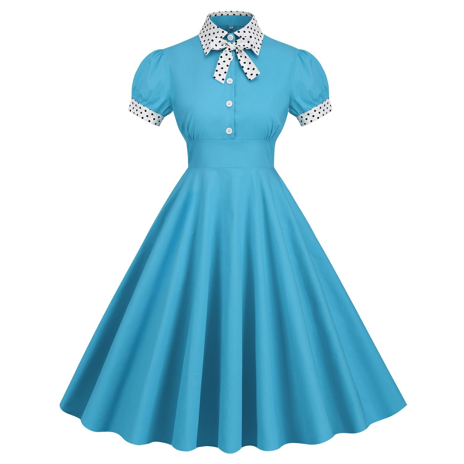 Women 1950s Vintage Short Sleeve Green Polka Dot Dress Evening Prom Gown Blue