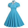 Women 1950s Vintage Short Sleeve Green Polka Dot Dress Evening Prom Gown Blue
